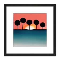 Artery8 Bubble Tree Dark Outlines Boho Sunset Horizon Landscape Coral Teal Watercolour Illustration Square Wooden Framed Wall Art Print Picture 8X8 - thumbnail 1
