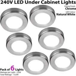 Loops 6x CHROME Round Surface or Flush Under Cabinet Kitchen Light Kit - 240V Mains Powered - Natural White LED - thumbnail 2