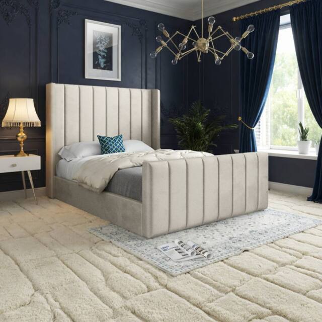 KDMD Strumpshaw Winged Upholstered Beige Soft Velvet Designer Bed Frame in Cream - Size: Double - image 1