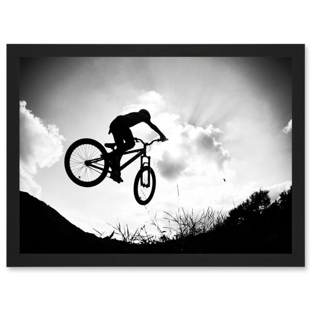 Artery8 Sport BMX Bike Jump Bicycle Silhouette Offroad Artwork Framed Wall Art Print A4 in Black - image 1