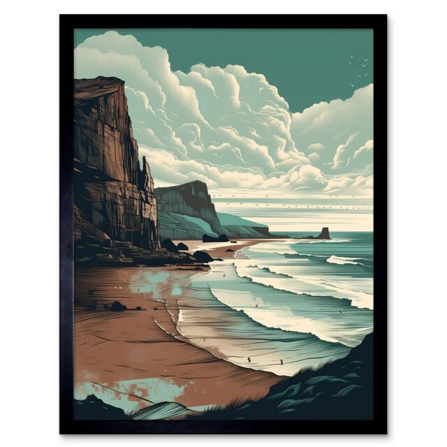 "Artery8 Wall Art Print Bay with Cliffs Dramatic Coastal Landscape Art Framed in Black - Size: W12"" x H16""" - image 1