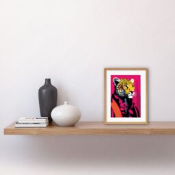 "Artery8 Wall Art Print Strong Leopard in Suit Bold Artwork Orange Pop Art Hot Pink Vibrant Portrait Artwork Framed 9X7 Inch in Beige - Size: W7"" x H9""" - thumbnail 2