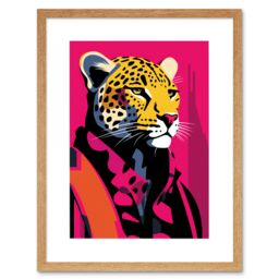 "Artery8 Wall Art Print Strong Leopard in Suit Bold Artwork Orange Pop Art Hot Pink Vibrant Portrait Artwork Framed 9X7 Inch in Beige - Size: W7"" x H9""" - thumbnail 1