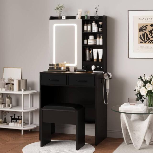 London Boutique Dressing Table & Stool Set Makeup Desk w/ Charging Station & LED Light in Black - image 1