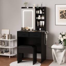 London Boutique Dressing Table & Stool Set Makeup Desk w/ Charging Station & LED Light in Black - thumbnail 1