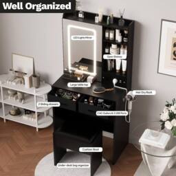 London Boutique Dressing Table & Stool Set Makeup Desk w/ Charging Station & LED Light in Black - thumbnail 6