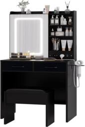 London Boutique Dressing Table & Stool Set Makeup Desk w/ Charging Station & LED Light in Black - thumbnail 4