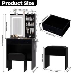 London Boutique Dressing Table & Stool Set Makeup Desk w/ Charging Station & LED Light in Black - thumbnail 5