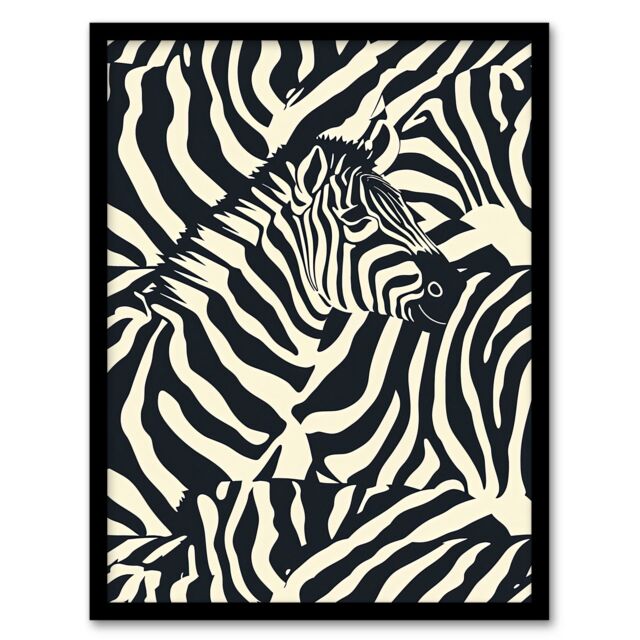 Artery8 Wall Art Print Zebra in Stripes Animal Pattern Art Framed Poster in Black - Size: A4 - image 1