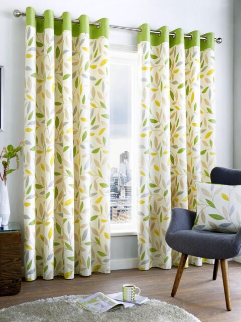 Fusion 'Beechwood' Leaf Trail Pair of 100% Cotton Eyelet Curtains in Green - Size: 229 cm width x 183 cm drop - image 1
