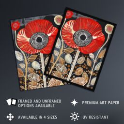 "Artery8 Poppy Flower Red Gold Grey Modern Folk Art Framed Art Print - Size: W12"" x H16""" - thumbnail 2