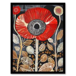 "Artery8 Poppy Flower Red Gold Grey Modern Folk Art Framed Art Print - Size: W12"" x H16""" - thumbnail 1