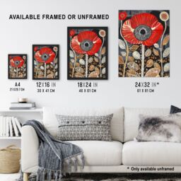 "Artery8 Poppy Flower Red Gold Grey Modern Folk Art Framed Art Print - Size: W12"" x H16""" - thumbnail 3