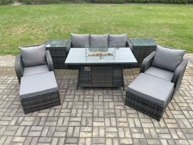 Fimous Wicker Rattan Garden Furniture Sofa Set Gas Fire Pit Dining Table Indoor Outdoor with 2 Side Table Chair 2 Big Footstool in Dark Grey - image 1