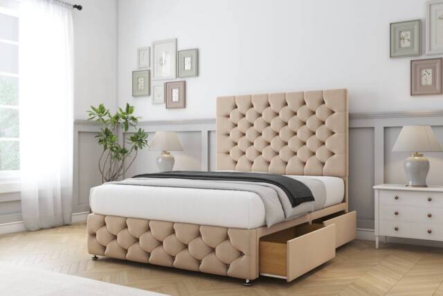 "Sloomy Watson Plush Divan Set 2 Drawers - 26"" Headboard 12"" Footboard in Stone - Size: King" - image 1