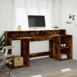 Berkfield Home Soft Desk with LED Lights Smoked Oak 200x55x91 cm Engineered Wood in Brown - Size: 200 x 55 x 91 cm - thumbnail 4