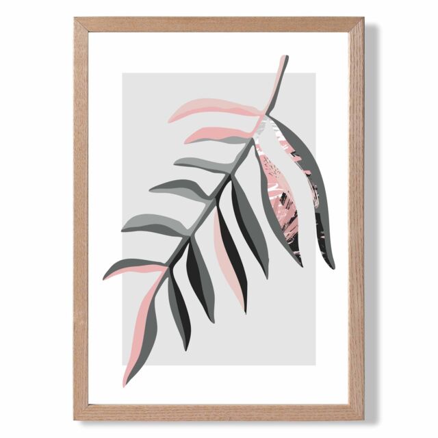 ARTZE Tropical Leaf Grey & Pink Boho Botanical Framed Print SIZE: A4 with Oak Frame - Size: A3 - image 1