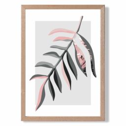 ARTZE Tropical Leaf Grey & Pink Boho Botanical Framed Print SIZE: A4 with Oak Frame - Size: A3