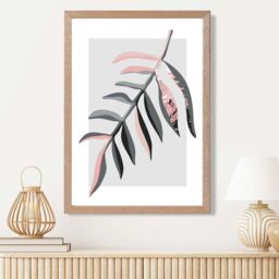 ARTZE Tropical Leaf Grey & Pink Boho Botanical Framed Print SIZE: A4 with Oak Frame - Size: A3 - thumbnail 2