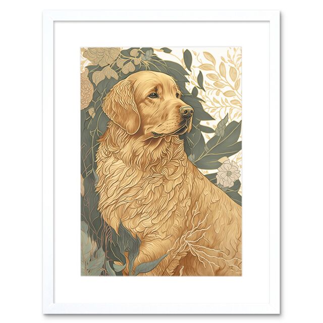 "Artery8 Wall Art Print Golden Retriever Dog in Nature Soft Pastel Colour Artwork Framed 9X7 Inch in White - Size: W7"" x H9""" - image 1