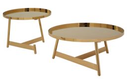 Orsina Stylish Set Of 2 Round Tables, Raised Edges Side Table By Couch For Livingroom, Secured Storage Lounge Table in Gold