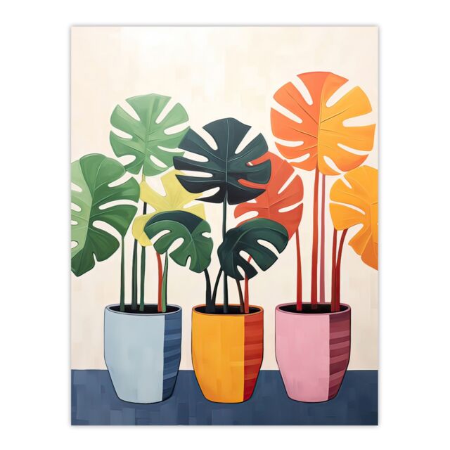"Artery8 Wall Art Print Trio of Colourful Monstera Cheese Plant Pots Botanical Oil Painting Poster - Size: W18"" x H24""" - image 1