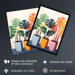 "Artery8 Wall Art Print Trio of Colourful Monstera Cheese Plant Pots Botanical Oil Painting Poster - Size: W18"" x H24""" - thumbnail 2