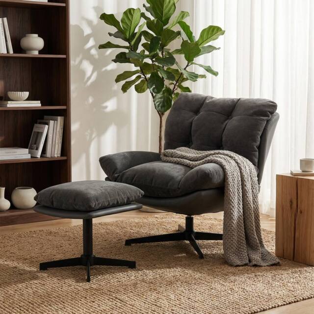 HOMCOM Accent Chair with Footstool, Modern Swivel Lounge Chair, Dark Grey - Size: Armchair - image 1