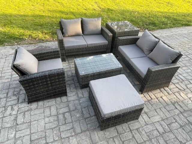 Fimous Wicker Rattan Garden Furniture Sofa Set with Rectangular Coffee Table Double Seat Sofa Chair Big Footstool Side Table 6 Seater Rattan Set