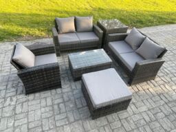 Fimous Wicker Rattan Garden Furniture Sofa Set with Rectangular Coffee Table Double Seat Sofa Chair Big Footstool Side Table 6 Seater Rattan Set - thumbnail 1