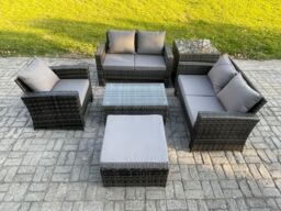 Fimous Wicker Rattan Garden Furniture Sofa Set with Rectangular Coffee Table Double Seat Sofa Chair Big Footstool Side Table 6 Seater Rattan Set - thumbnail 2