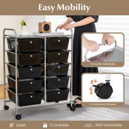 Costway 10 Drawers Storage Trolley Mobile Rolling Utility Cart Home Office Organizer in Black - thumbnail 3
