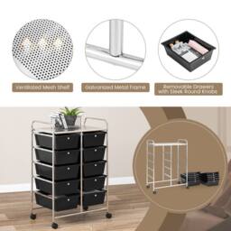 Costway 10 Drawers Storage Trolley Mobile Rolling Utility Cart Home Office Organizer in Black - thumbnail 4