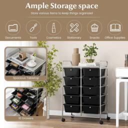 Costway 10 Drawers Storage Trolley Mobile Rolling Utility Cart Home Office Organizer in Black - thumbnail 5