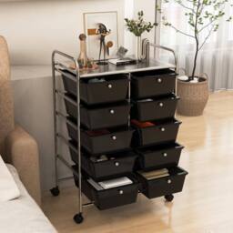 Costway 10 Drawers Storage Trolley Mobile Rolling Utility Cart Home Office Organizer in Black - thumbnail 2