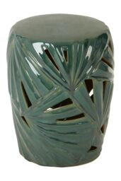 Orsina Green Ceramic Table With Palm Leaf Motif, Glazed Stoneware Stool, Boho Accent Piece For Living Room - thumbnail 3