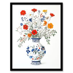 Artery8 Colourful Wildflower Bouquet Floral Pattern Vase Framed Art Print in Blue - Size: A4 - thumbnail 1