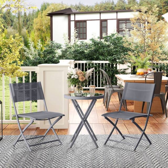 OUTSUNNY 3 Pieces Outdoor Bistro Set, Glass Top Table & Chairs, Grey - image 1