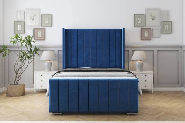 "Sloomy Camden Plush Bed Frame With 50"" Upholstered Wingback Headboard in Navy - Size: Double" - image 1
