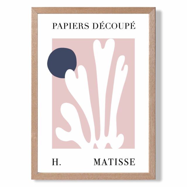 ARTZE Matisse Floral Cutout Pink & Blue Framed Print SIZE: A2 with Oak Frame in Navy - Size: A3 - image 1