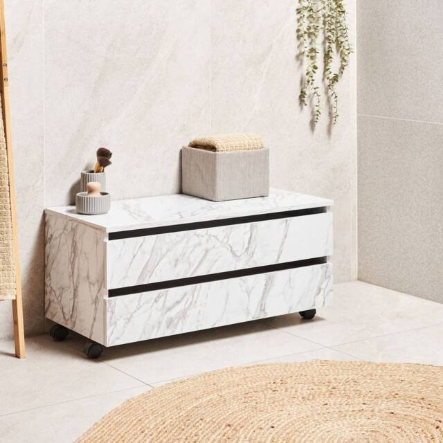 Wyld and Coco White Marble Bathroom Cabinet on Wheels - 2 Drawers W80 x D30 x H38cm - image 1