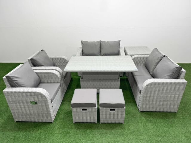 Fimous 8 Seater Outdoor Reclining Chair Love Sofa Set Rattan Garden Furniture Set w/ Adjustable Lifting Dining or Coffee Table 2 Stools Side Table - image 1