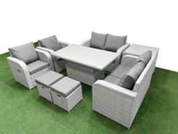 Fimous 8 Seater Outdoor Reclining Chair Love Sofa Set Rattan Garden Furniture Set w/ Adjustable Lifting Dining or Coffee Table 2 Stools Side Table - thumbnail 2
