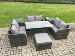 Fimous 7 Seater Outdoor Rattan Garden Furniture Set with Patio Rectangular Dining Table Love Sofa 2 Side Tables Big Footstool Dark Grey Mixed - thumbnail 2