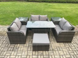 Fimous 7 Seater Outdoor Rattan Garden Furniture Set with Patio Rectangular Dining Table Love Sofa 2 Side Tables Big Footstool Dark Grey Mixed - thumbnail 1