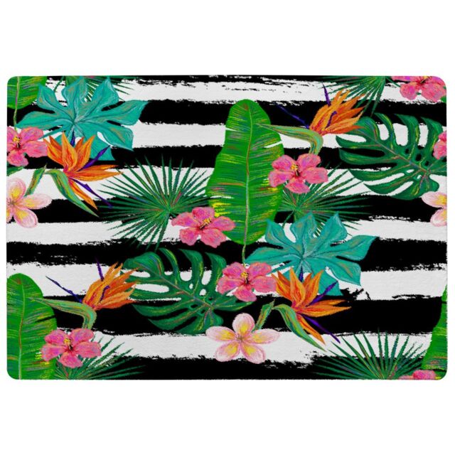 Benjamin Tate Design Tropical Plants On Black & White Stripes Rug in Natural - Size: Large - image 1