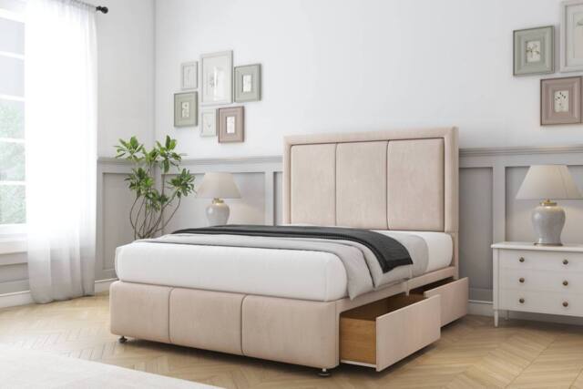 "Comfort Beds Savoy Naples Divan Base 2 Drawers - 26"" Headboard-Footboard in Light Sand - Size: King" - image 1