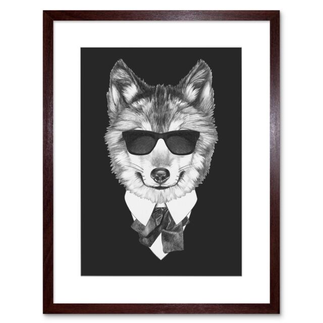 "Artery8 Wall Art Print Bow Tie Wolf with Sunglasses Art Framed 9x7 inch in Brown - Size: W7"" x H9""" - image 1