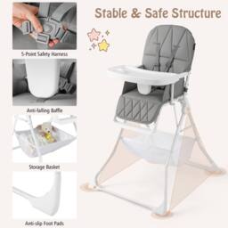 CASART Foldable High Chair Baby Highchair w/3-Level Adjustable Tray &Footrest in Grey - thumbnail 8