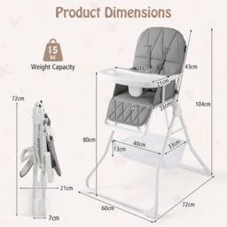CASART Foldable High Chair Baby Highchair w/3-Level Adjustable Tray &Footrest in Grey - thumbnail 2